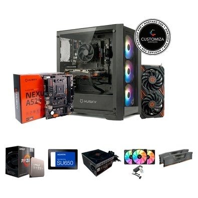 Kit PC Gamer Start I Husky, Processador Ryzen 5 4500 + Placa-Mãe Nexus A520 + RX 6600LE + 16GB RAM + SSD ADATA 480GB + 3X Fans + Montagem