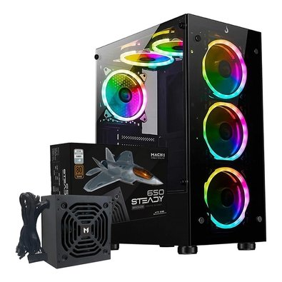 Gabinete Gamer Rise Mode Glass 06x, 6x Fans + Fonte MACH1 Steady, 650W
