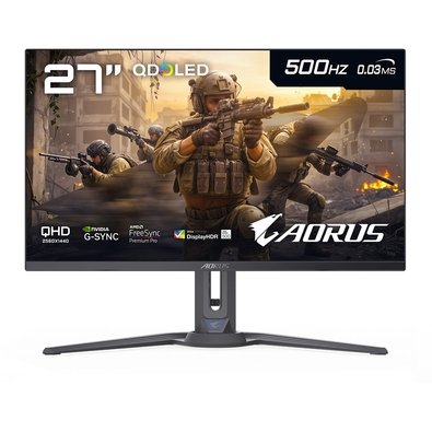 Monitor Gamer Gigabyte AORUS QD-OLED 27", QHD, 500Hz, 0.03ms, IA, G-Sync, FreeSync Premium Pro, USB-C, Som Integrado, Preto - FO27Q5P