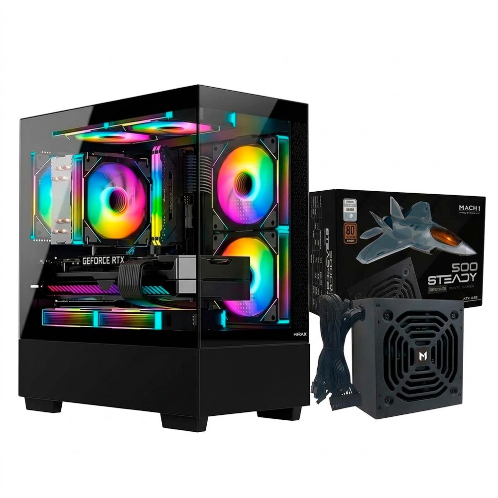 Gabinete Gamer Hyrax HGB320, Mini Tower + Fonte MACH1 Steady, 500W Gabinete Gamer Hyrax HGB320, Mini Tower + Fonte MACH1 Steady, 500W