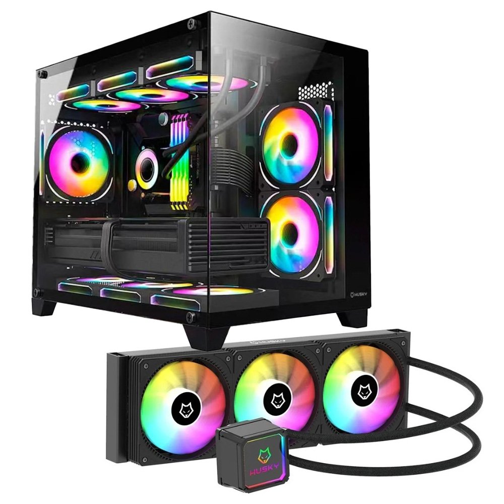Gabinete Gamer Husky Dome 210, Mini Tower, M-ATX, Lateral e Frontal em Vidro, Sem FANs, Preto + Water Cooler Husky Freezy, ARGB, 360mm, AMD e Intel, Preto Gabinete Gamer Husky Dome 210, Mini Tower, M-ATX, Lateral e Frontal em Vidro, Sem FANs, Preto + Water Cooler Husky Freezy, ARGB, 360mm, AMD e Intel, Preto
