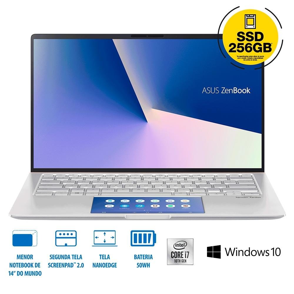Notebook Asus ZenBook Intel Core i7-10510U, 8GB, SSD 256GB, Windows 10 Home, 14´, Prata - UX434FAC-A6339T Notebook Asus ZenBook Intel Core i7-10510U, 8GB, SSD 256GB, Windows 10 Home, 14´, Prata - UX434FAC-A6339T
