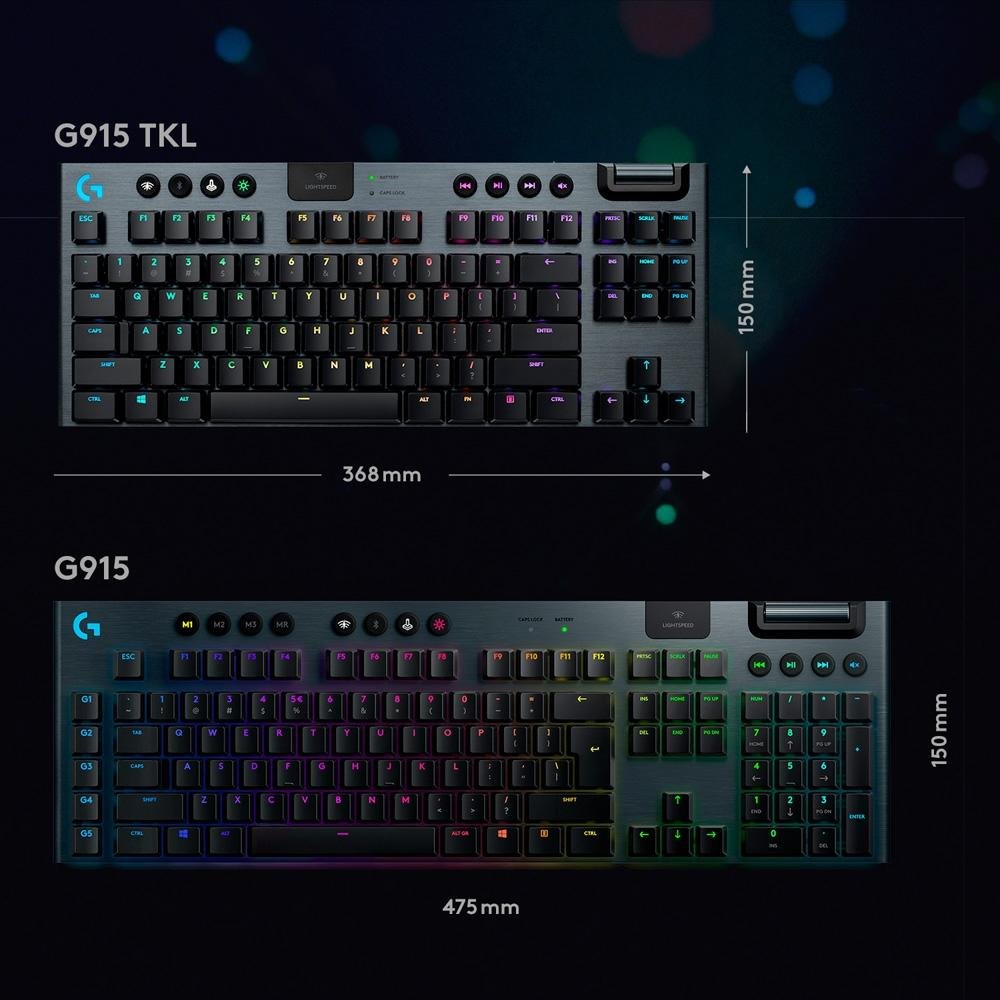 Teclado Mecânico Gamer Sem Fio Logitech G915 TKL RGB LIGHTSYNC, USB ou Bluetooth, Ultrafino, Switch GL Tactile, Preto - 920-009495