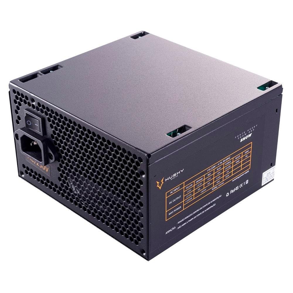 Fonte Husky Gaming Snow, 400W, 80 Plus White, PFC Ativo, Com Cabo, Preto - HGMV000 Fonte Husky Gaming Snow, 400W, 80 Plus White, PFC Ativo, Com Cabo, Preto - HGMV000