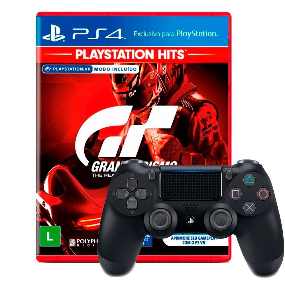 Kit Controle Sony Dualshock 4 PS4, Sem Fio, Preto + Jogo Gran Turismo Sport Hits PS4 Kit Controle Sony Dualshock 4 PS4, Sem Fio, Preto + Jogo Gran Turismo Sport Hits PS4