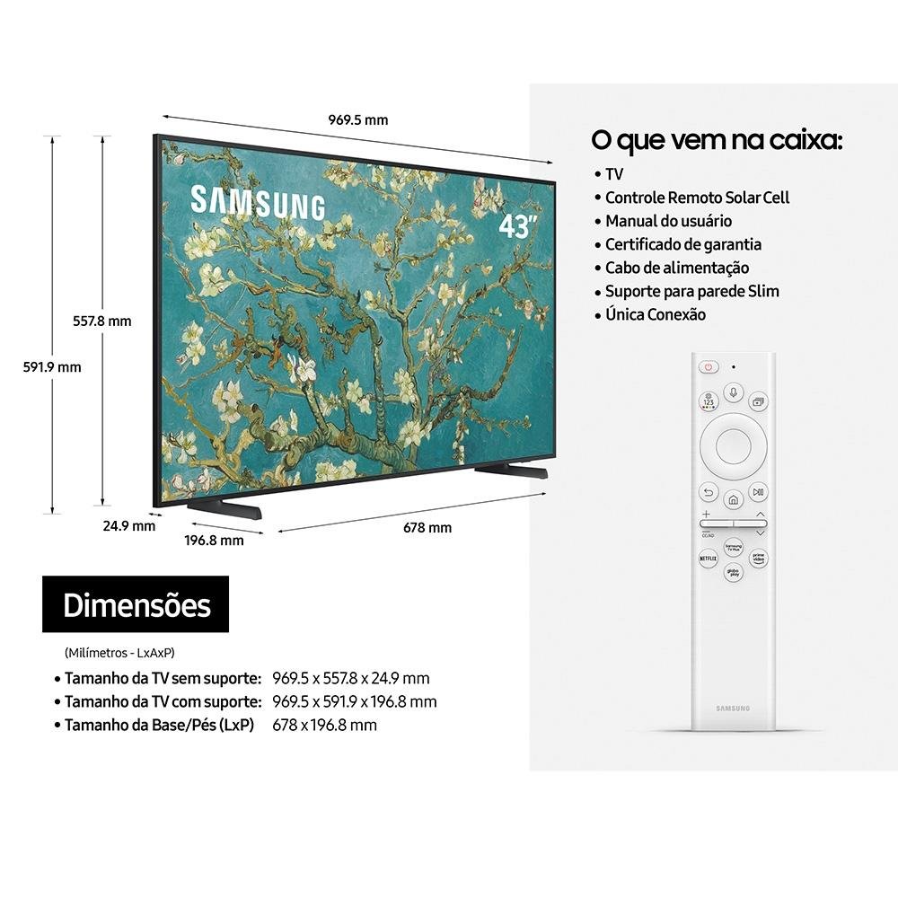 Smart TV Samsung 43 Polegadas QLED 4K The Frame, Modo Arte, 4 HDMI, Pontos Quânticos, Slim Frame Design, Acabamento Matte - QN43LS03BAGXZD Smart TV Samsung 43 Polegadas QLED 4K The Frame, Modo Arte, 4 HDMI, Pontos Quânticos, Slim Frame Design, Acabamento Matte - QN43LS03BAGXZD