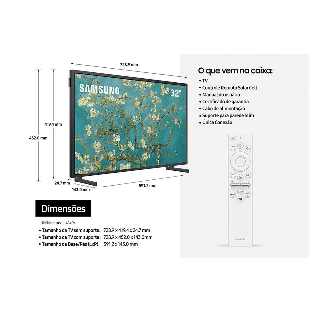 Smart TV Samsung 32 Polegadas QLED The Frame LS03B, 2 HDMI, 2 USB, Wi-Fi, Bluetooth, Alexa, Google Assistante - QN32LS03BBGXZD Smart TV Samsung 32 Polegadas QLED The Frame LS03B, 2 HDMI, 2 USB, Wi-Fi, Bluetooth, Alexa, Google Assistante - QN32LS03BBGXZD