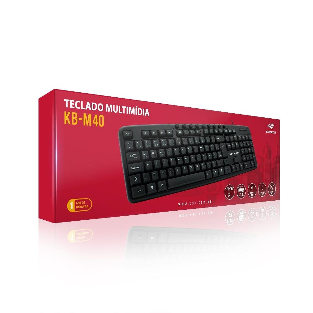 Teclado C3Tech Multimídia, com Fio, ABNT2, USB, Preto - KB-M40BK