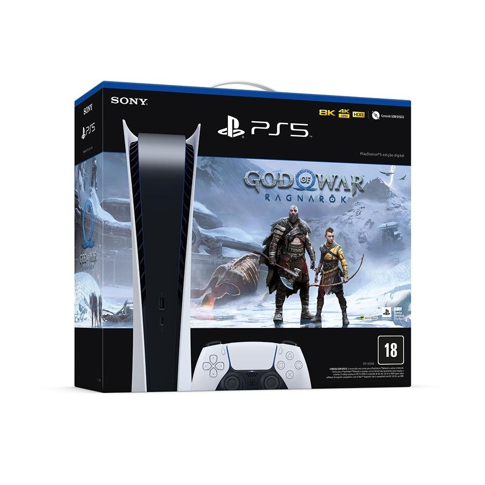 Console Sony Playstation 5, SSD 825GB, Controle sem fio DualSense, Edição Digital + God of War Ragnarök, Branco Console Sony Playstation 5, SSD 825GB, Controle sem fio DualSense, Edição Digital + God of War Ragnarök, Branco
