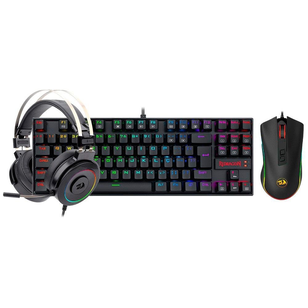Kit Gamer Redragon RGB, com Headset Lamia 2, Drivers 40mm + Teclado Kumara, Switch Outemu Brown, ABNT2 + Mouse Cobra 12400 DPI, Preto - S125