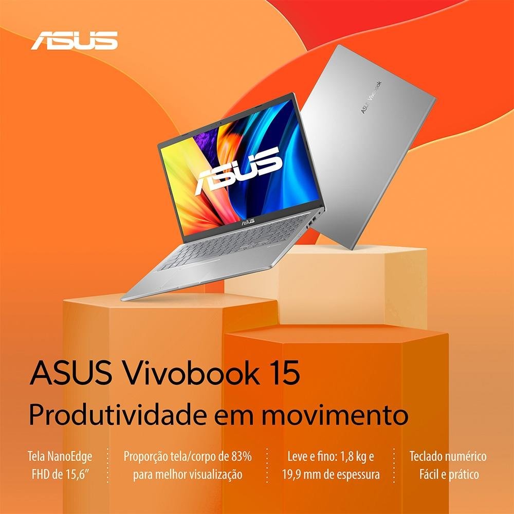 Notebook ASUS Vivobook 15 Intel Core i3-1115G4, 4GB RAM, SSD 256GB, 15.6" Full HD, Endless OS, Prata Metálico - X1500EA-EJ3665