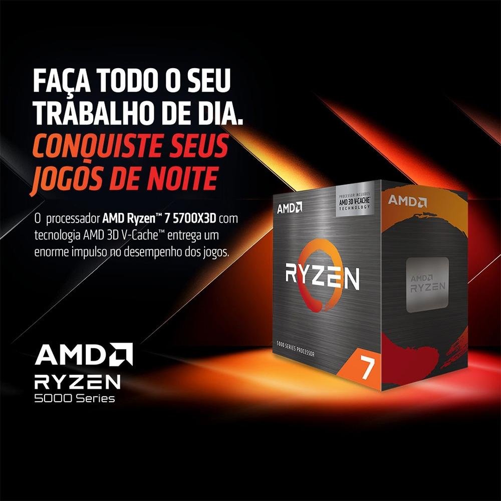 Processador AMD Ryzen 7 5700X3D, 3.0 GHz, (4.1GHz Max Turbo), Cache 4MB, 8 Núcleos, 16 Threads, AM4 - 100-100001503WOF