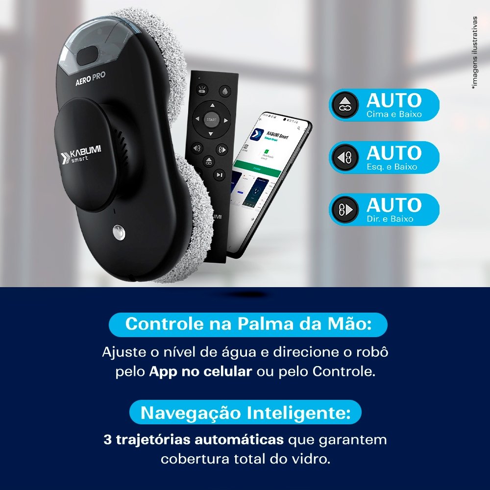 Robô Limpa Vidro KABUM! smart Aero Pro, 3 Modos de Limpeza, App, Controle Remoto, Spray Automático, Bivolt, Preto - KSLV010PT Robô Limpa Vidro KABUM! smart Aero Pro, 3 Modos de Limpeza, App, Controle Remoto, Spray Automático, Bivolt, Preto - KSLV010PT