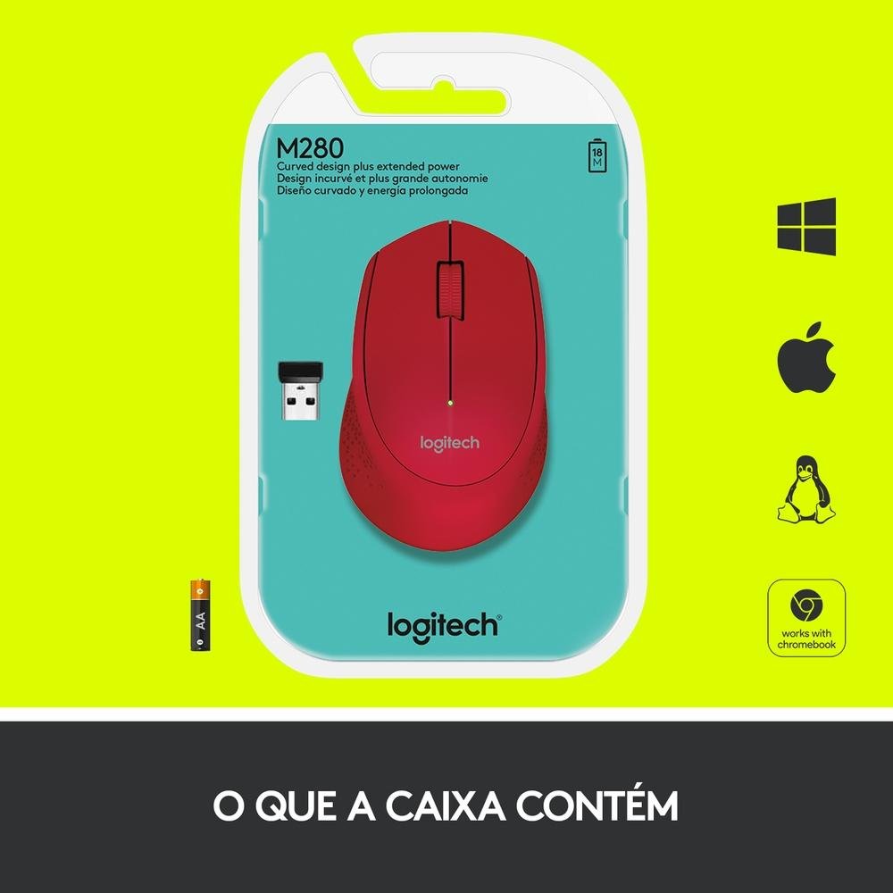 Mouse sem fio Logitech M280 com Conexão USB e Pilha Inclusa, Vermelho - 910-004286 Mouse sem fio Logitech M280 com Conexão USB e Pilha Inclusa, Vermelho - 910-004286