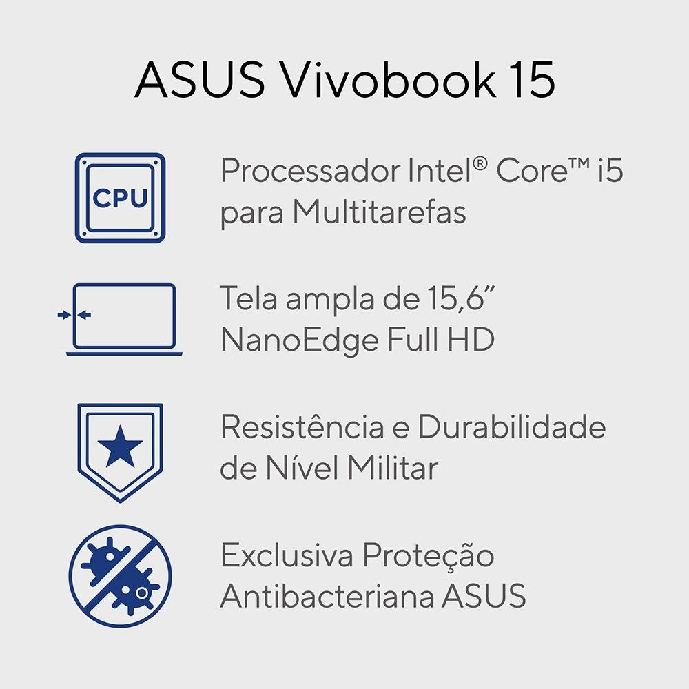 Notebook ASUS Vivobook 15, Intel Core i5 1235U, 8GB RAM, SSD 256GB, 15.6", KeepOS, Quiet Blue, X1504ZA-NJ982