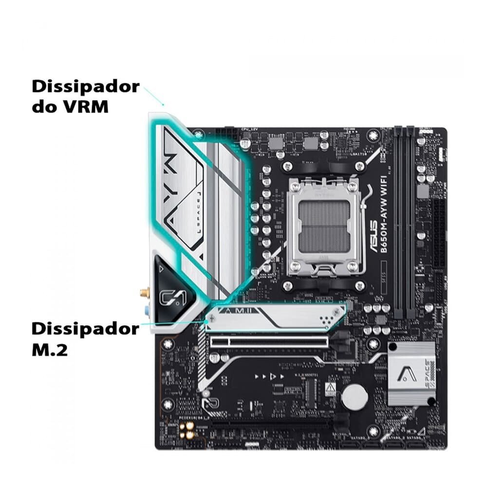 Placa Mãe ASUS B650M-AYW Wi-Fi, AM5, mATX, DDR5, Wi-fi, Bluetooth - 90MB1KI0-M0EAY0