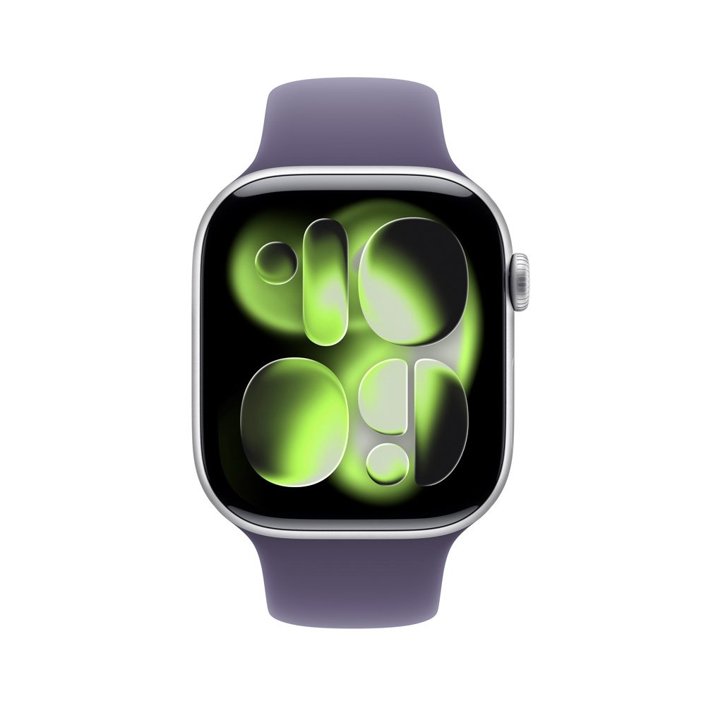 Apple Watch Series 11 GPS, Caixa Prateada de Alumínio de 46 mm, Pulseira esportiva roxo-névoa, Tamanho M/G - MEVA4AM/A