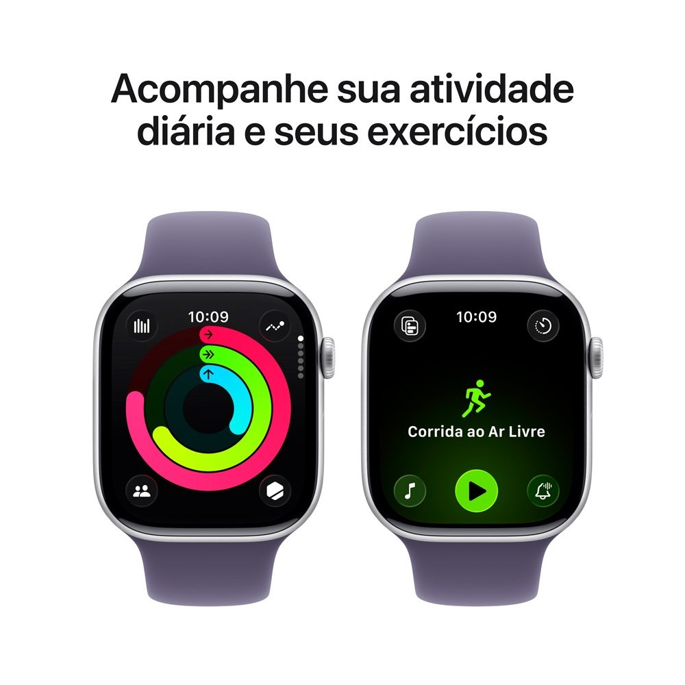 Apple Watch Series 11 GPS, Caixa Prateada de Alumínio de 46 mm, Pulseira esportiva roxo-névoa, Tamanho M/G - MEVA4AM/A