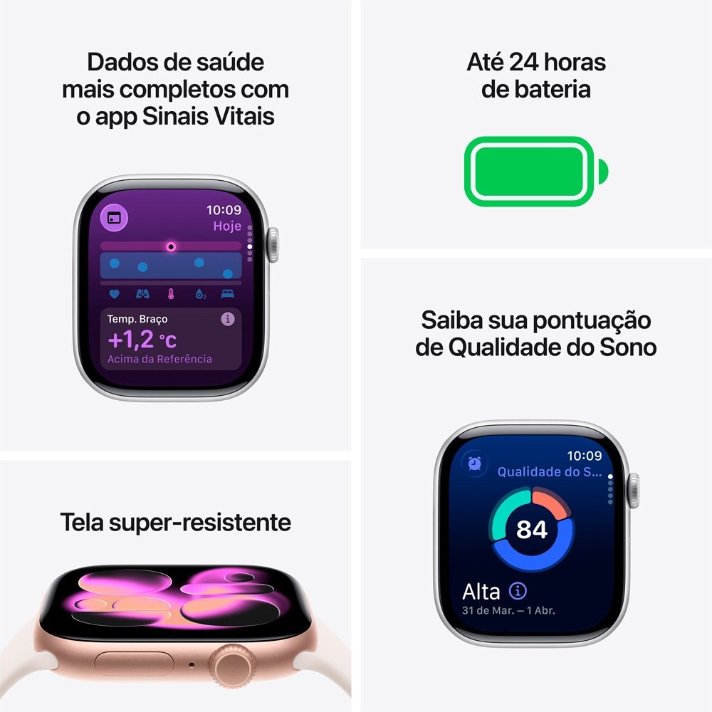 Apple Watch Series 11 GPS, Caixa Prateada de Alumínio de 46 mm, Pulseira esportiva roxo-névoa, Tamanho M/G - MEVA4AM/A