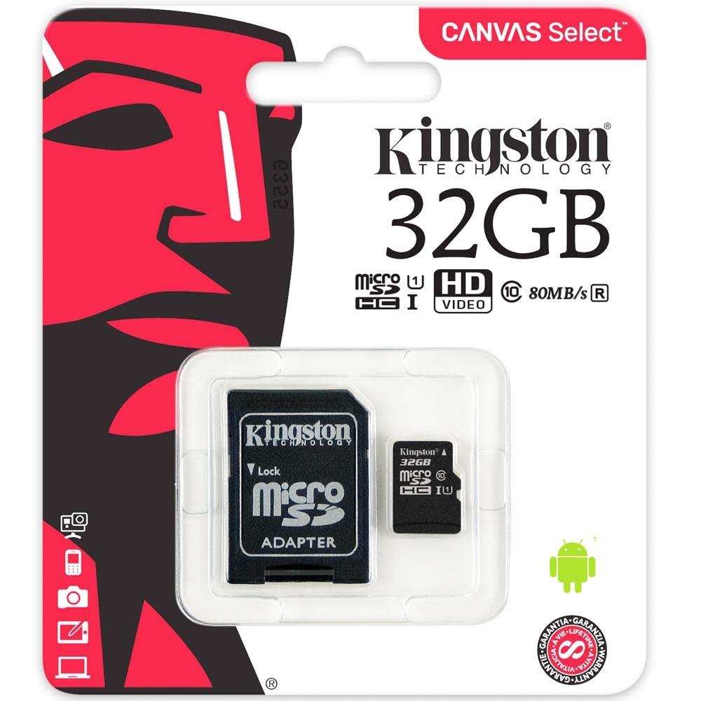 Cartão de Memória Kingston Canvas Select MicroSD 32GB Classe 10 com Adaptador - SDCS/32GB Cartão de Memória Kingston Canvas Select MicroSD 32GB Classe 10 com Adaptador - SDCS/32GB