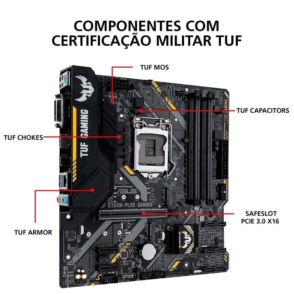 Placa-Mãe ASUS TUF B360M-Plus Gaming/BR, Intel LGA 1151, mATX, DDR4, Preto - TUF B360M-PLUS GAMING/BR