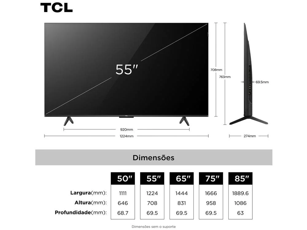Smart TV 55" TCL 4K UHD QLED 55P7K Google TV AiPQ Google Assistente 3 HDMI 1 USB Smart TV 55" TCL 4K UHD QLED 55P7K Google TV AiPQ Google Assistente 3 HDMI 1 USB