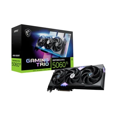 Placa de vídeo MSI GeForce RTX 5060 Ti Gaming Trio OC com três ventoinhas e caixa do produto ao fundo