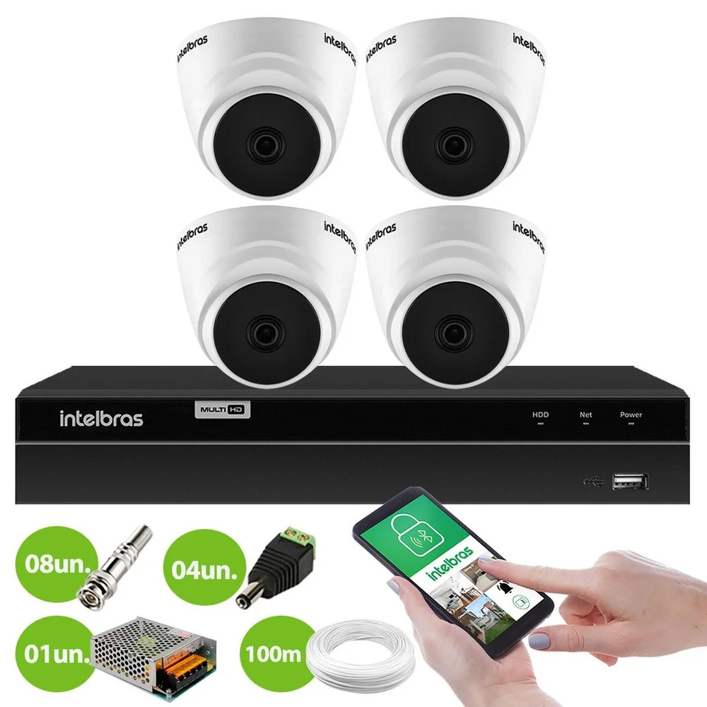 Kit 4 Câmeras Dome Vhd 1220 D G6 20m Full Hd 1080p 2,8 Mm Dvr Gravador Intelbras Mhdx 1204 4 Canais