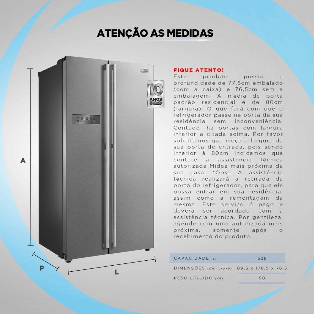 Refrigerador Midea Side By Side 528l Maxi Freezer, Frost Free, Painel Touch- Inox - 220v - Mdrs58