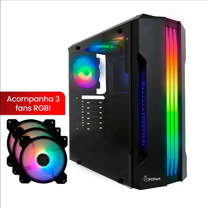 Gabinete Gamer Pcfort Lines Mid Tower ATX RGB Vidro Temperado 3 Fans Preto Gabinete Gamer Pcfort Lines Mid Tower ATX RGB Vidro Temperado 3 Fans Preto