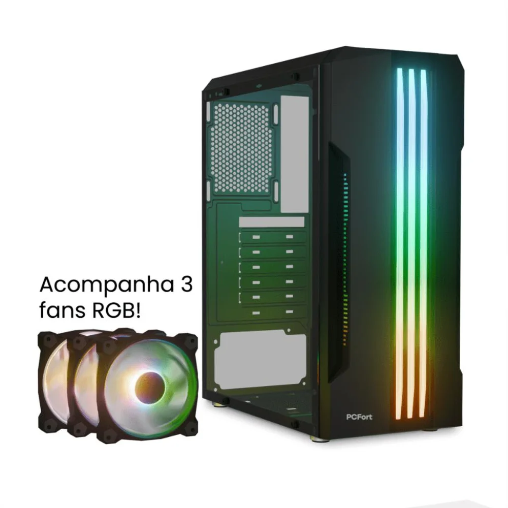 Gabinete Gamer Pcfort Lines Mid Tower ATX RGB Vidro Temperado 3 Fans Preto Gabinete Gamer Pcfort Lines Mid Tower ATX RGB Vidro Temperado 3 Fans Preto