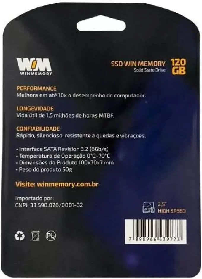 SSD Win Memory 120GB, SATA 3, Leitura 520MB/s E Gravação 540MB/s, Preto - Swr120g SSD Win Memory 120GB, SATA 3, Leitura 520MB/s E Gravação 540MB/s, Preto - Swr120g