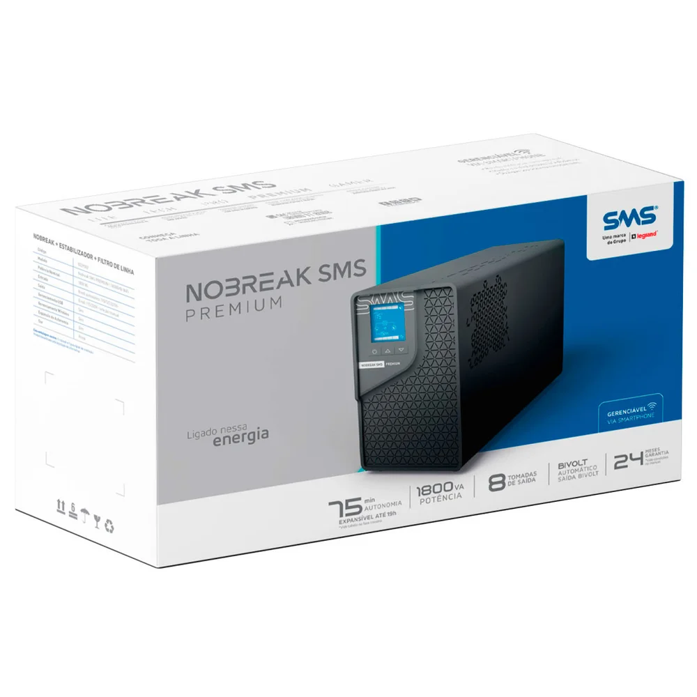 Nobreak Sms Premium 1800va, Entrada Bivolt, Saída 115v/220v, 6/2 Tomadas 10/20a, Wifi.