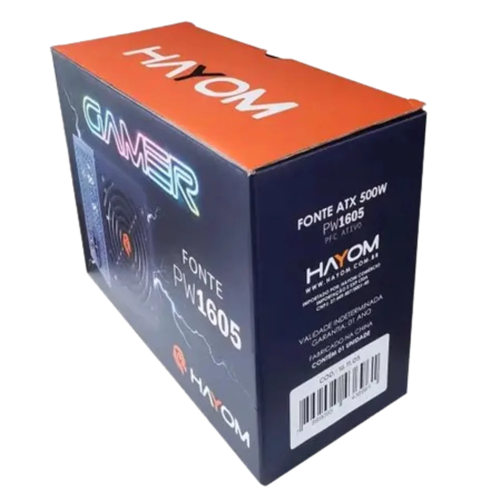 Fonte Atx 500w Hayom Pw1605 Pfc, Ativo, Com Cabo Fonte Atx 500w Hayom Pw1605 Pfc, Ativo, Com Cabo