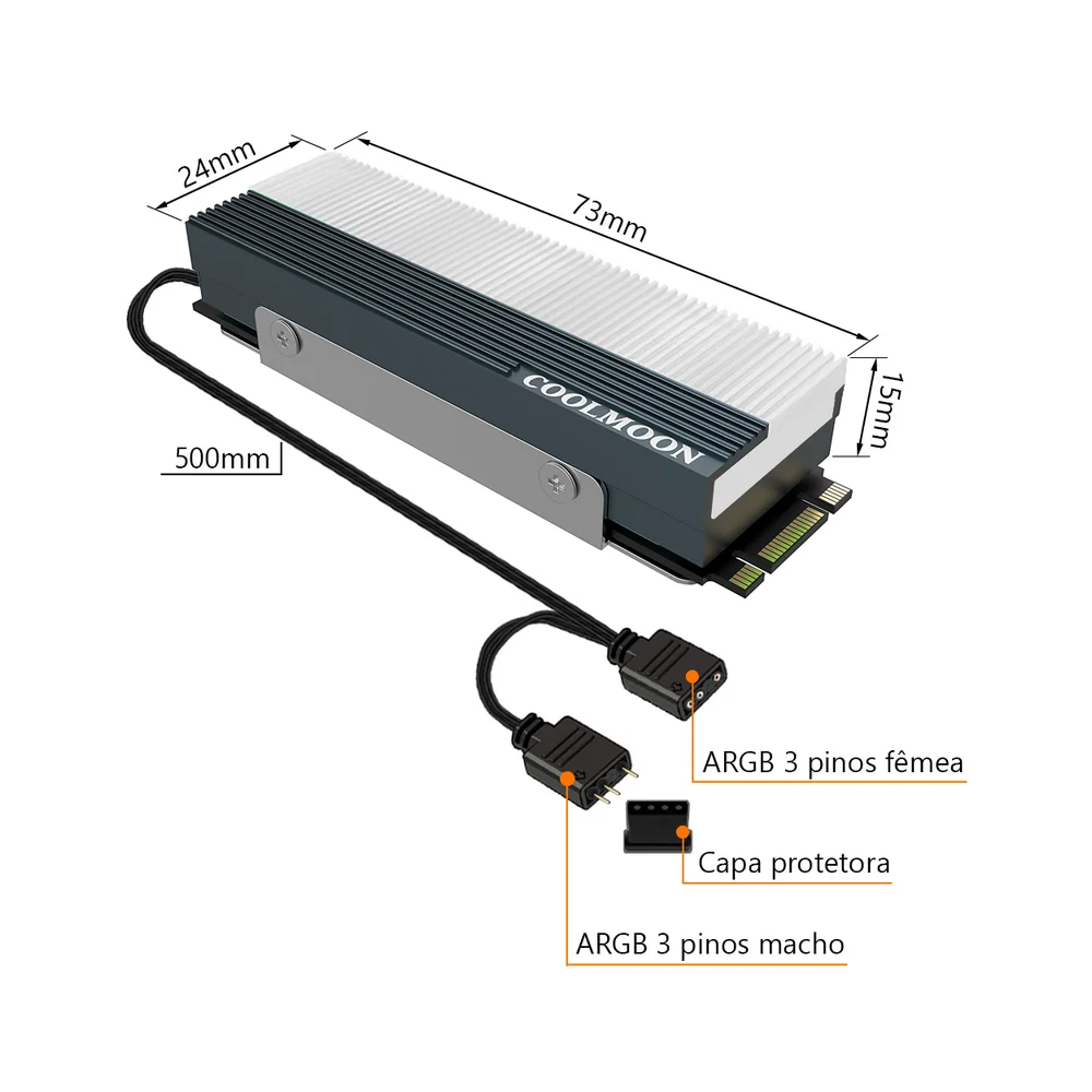 Dissipador de Calor Coolmoon para SSD M2, Nvme, LED, ARGB, 5v, 3 Pinos, Alumínio Dissipador de Calor Coolmoon para SSD M2, Nvme, LED, ARGB, 5v, 3 Pinos, Alumínio
