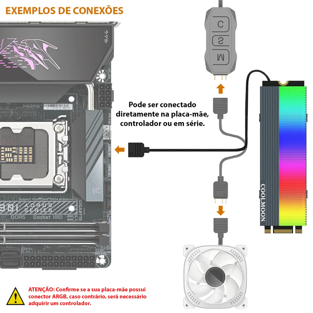 Dissipador de Calor Coolmoon para SSD M2, Nvme, LED, ARGB, 5v, 3 Pinos, Alumínio Dissipador de Calor Coolmoon para SSD M2, Nvme, LED, ARGB, 5v, 3 Pinos, Alumínio