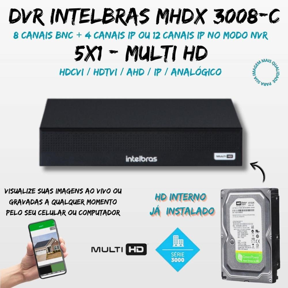 Kit Intelbras, DVR Mhdx 3008-c, 8 Canais, FULL HD 1080p + HD 320GB