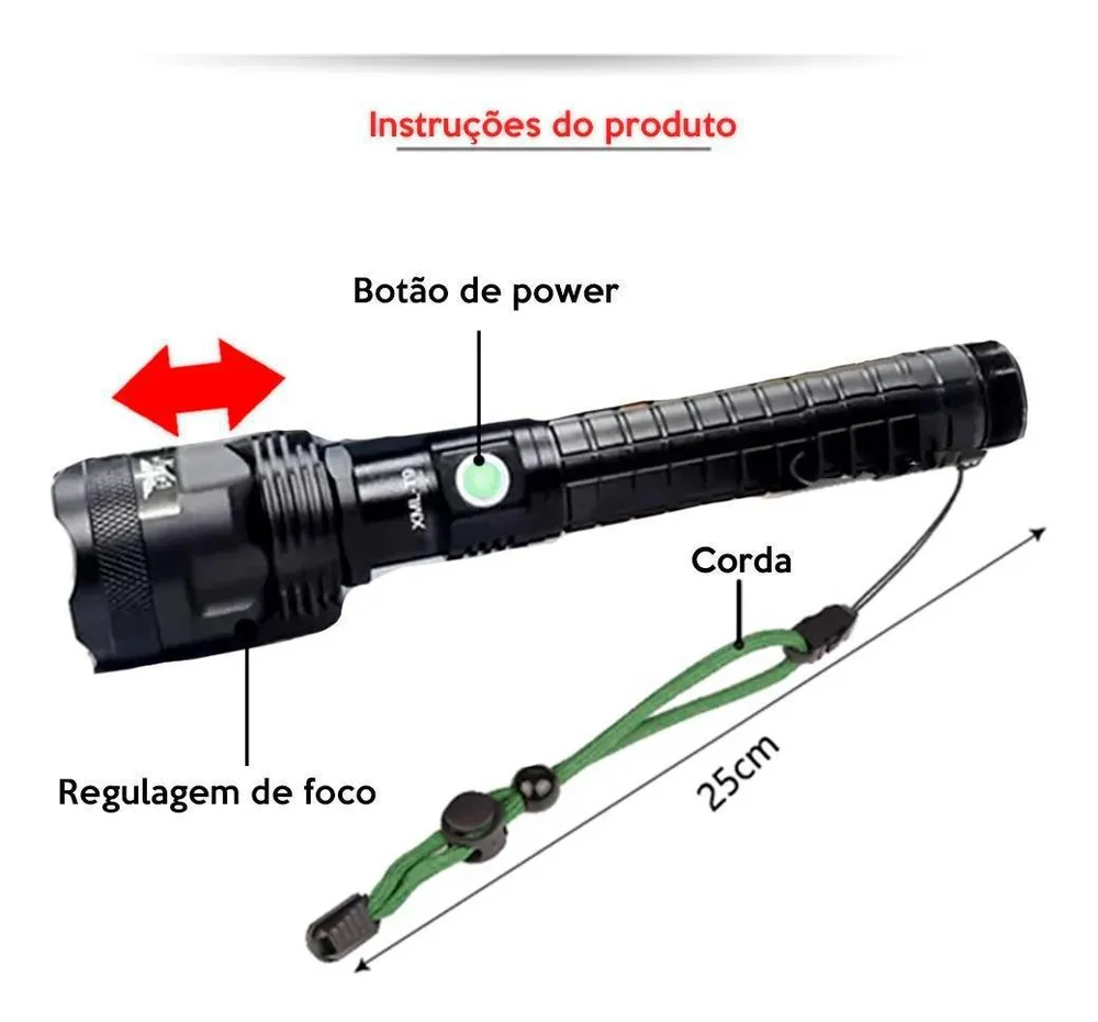 Kit Lanterna Led Tática Xml T9 Preta + Carregador E Baterias Kit Lanterna Led Tática Xml T9 Preta + Carregador E Baterias