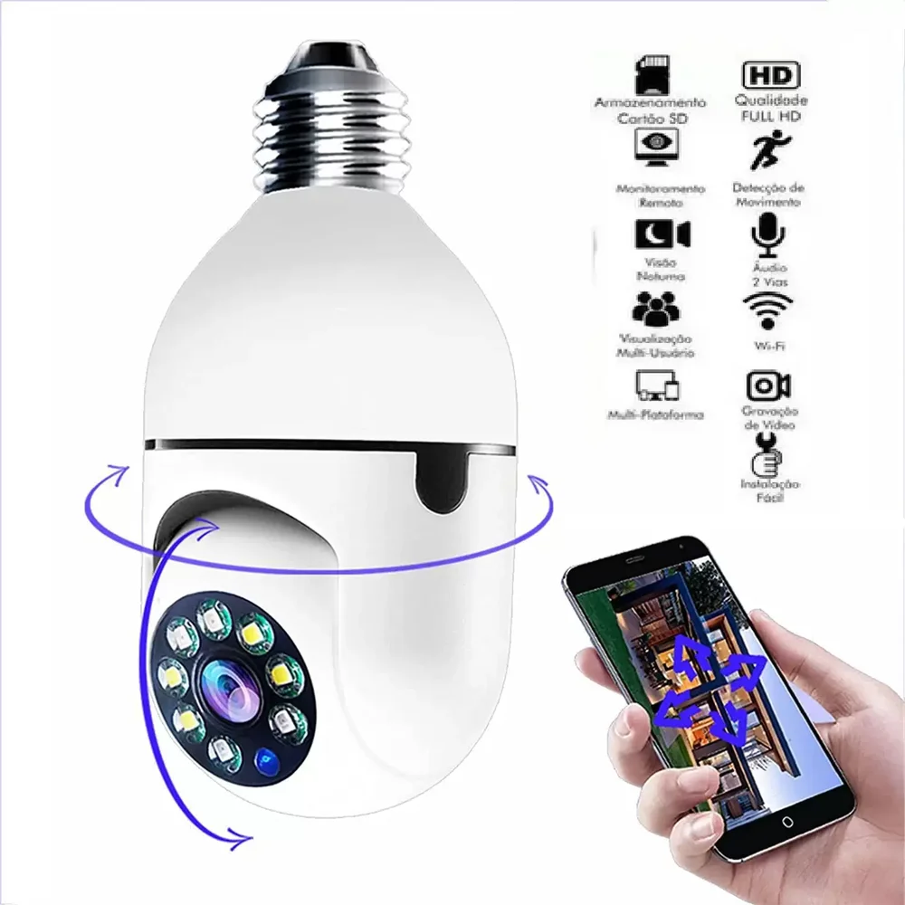 Câmera Lampada Inteligente Wireless Infra Ip Full Hd 2.0 Megapixels Onvif, Holofote, Auto Tracking.