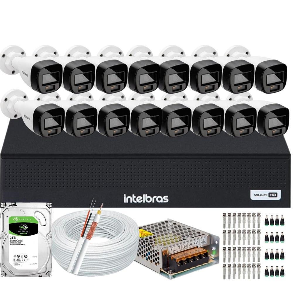 Kit Intelbras 16 Cameras Segurança  Vhd 3220b+ Microfone Audio Full Color 1080p Dvr 3116c 3TB