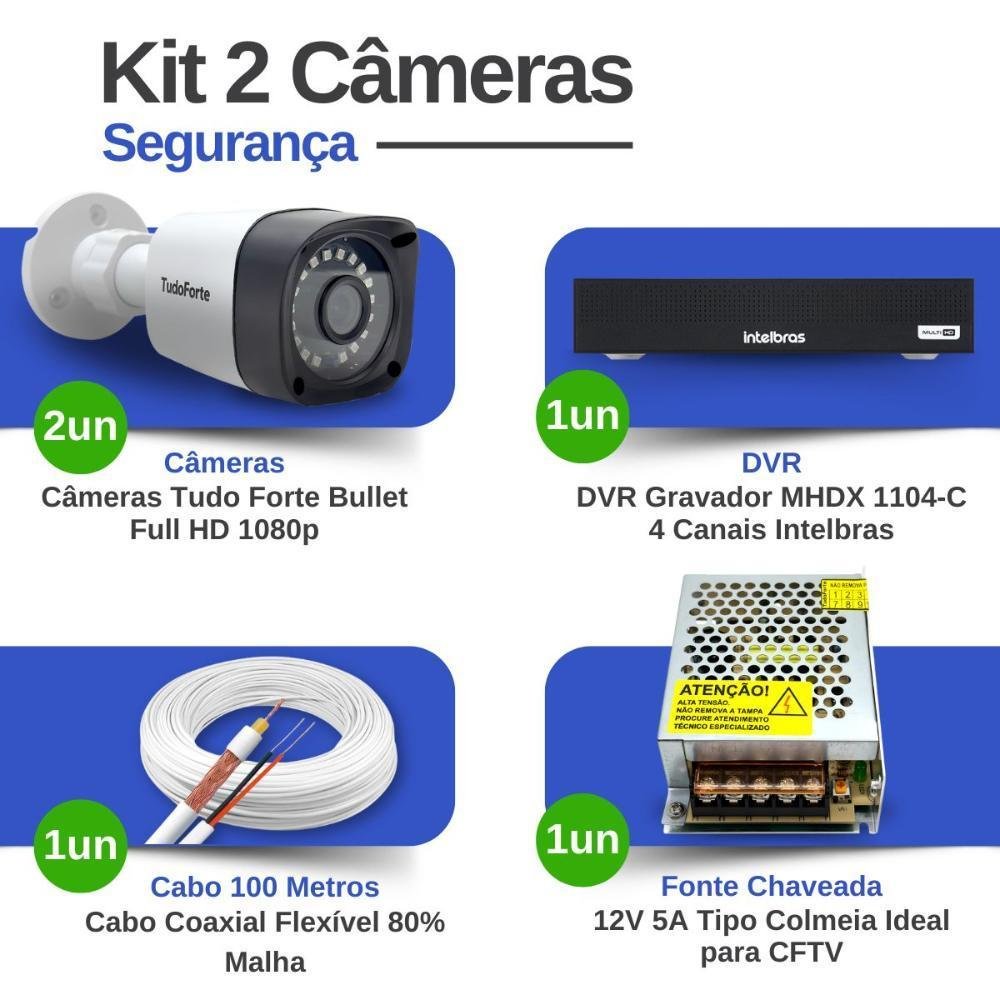 Kit 2 Câmeras Tudo Forte Tf 2020 B Full Hd 1080p Bullet Com Visão Noturna 20m Proteção Ip66 + Dvr Gravador Intelbras Mhdx 1104-c 4 Canais