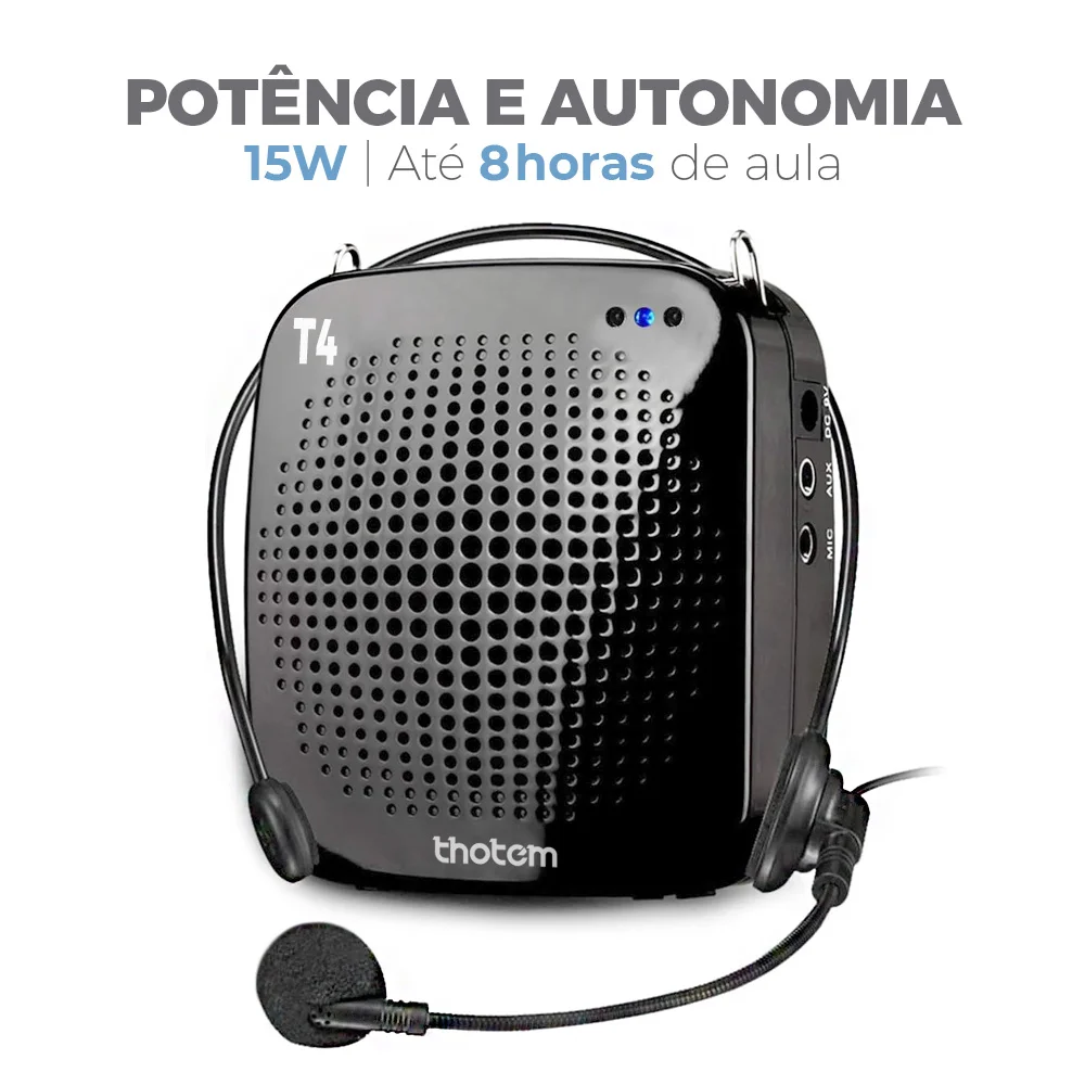 Amplificador Profissional Portátil de Voz THOTEM T4, 15W de potência e acompanhado de Microfone com fio – O Kit do Professor Amplificador Profissional Portátil de Voz THOTEM T4, 15W de potência e acompanhado de Microfone com fio – O Kit do Professor