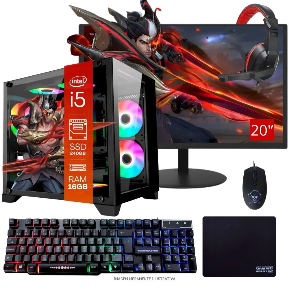 "Computador PC Gamer Completo Balão.info Intel Core I5 SSD 240GB 16gb Gabinete Aquário Teclado Mouse Mouse Pad E Headset Gamer Monitor 19"" WINDOWS 10 Pro Trial"