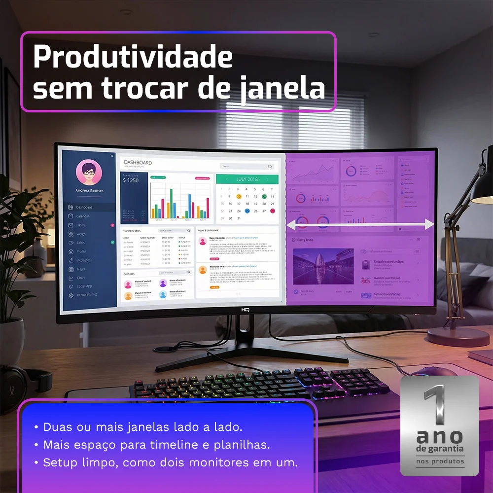 Monitor Gamer HQ Premium 34" Curvo, Ultrawide (QHD) 3440x1440, 1Ms, 165Hz, AMD Freesync, HDMI, DP - Hq34c16 Monitor Gamer HQ Premium 34" Curvo, Ultrawide (QHD) 3440x1440, 1Ms, 165Hz, AMD Freesync, HDMI, DP - Hq34c16