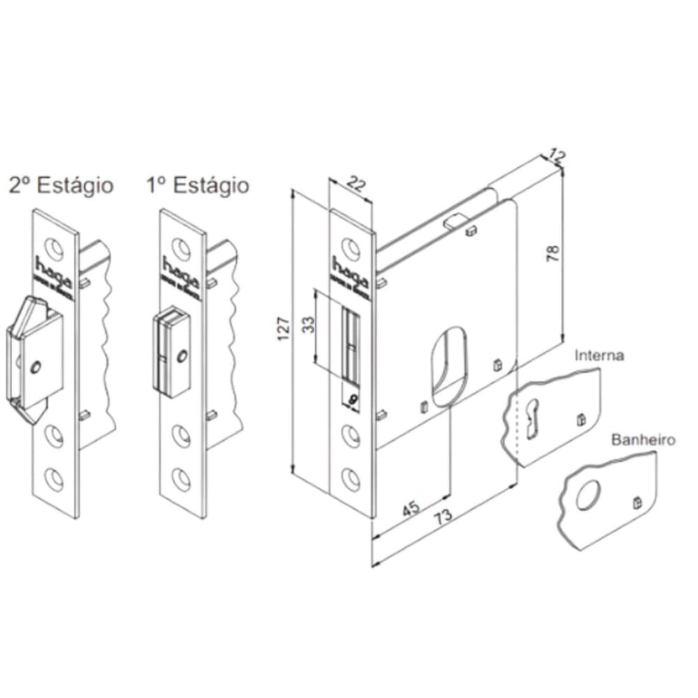 Fechadura Interna 622 Porta De Correr Asa De Avião 45mm Ros529 Cromo Acetinado Haga
