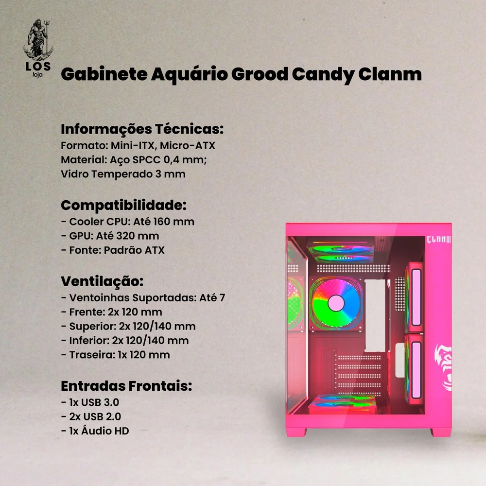 Gabinete Gamer Aquário Candy Clanm, Tower, Mini-itx - Micro-atx, Vidro Temperado Lateral , Rosa Gabinete Gamer Aquário Candy Clanm, Tower, Mini-itx - Micro-atx, Vidro Temperado Lateral , Rosa