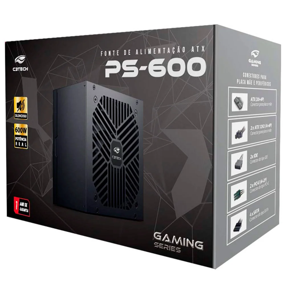 Fonte 600w Atx C3tech Ps-600bk, Bivolt, Preta Fonte 600w Atx C3tech Ps-600bk, Bivolt, Preta