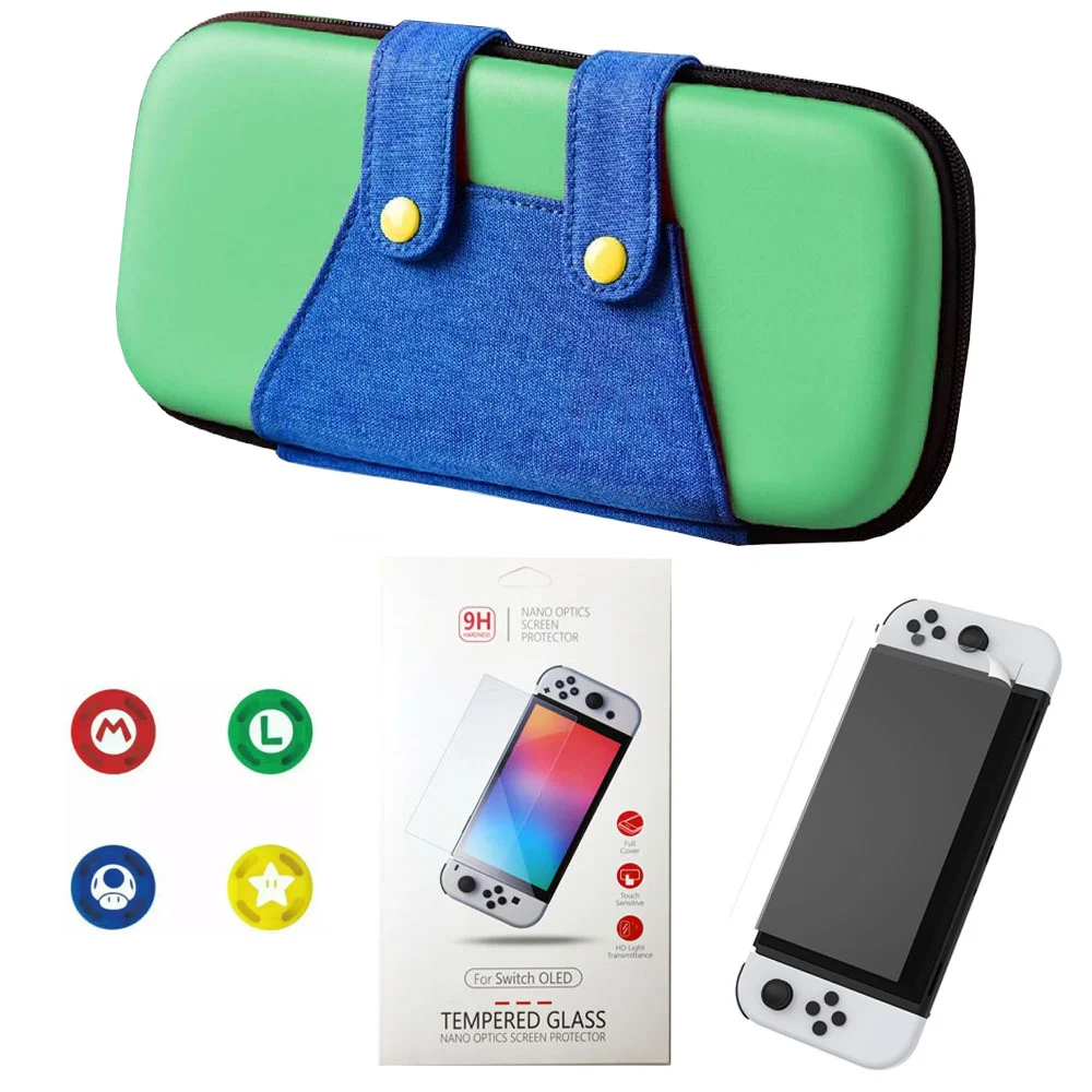 Case Nintendo Switch OLED Luigi + 4 Grips + Película Vidro Case Nintendo Switch OLED Luigi + 4 Grips + Película Vidro