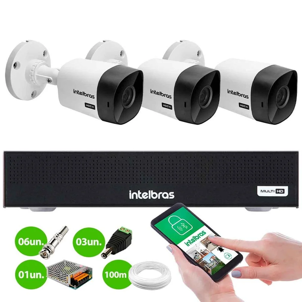 Kit 3 Câmeras Intelbras Vhc 1120 B Hd 720p Visão Noturna 20m  + Dvr Gravador Intelbras Mhdx 1004-c