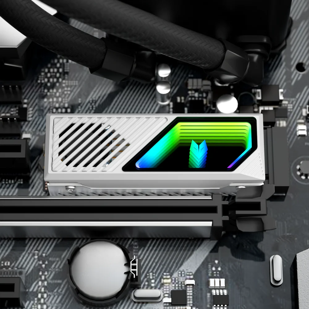 Dissipador de Calor para SSD Nvme, M.2 (2280), Branco, Com Ventilador, LED Infinito ARGB 5v 3 Pinos, Alumínio, Coolmoon CM-M2F Dissipador de Calor para SSD Nvme, M.2 (2280), Branco, Com Ventilador, LED Infinito ARGB 5v 3 Pinos, Alumínio, Coolmoon CM-M2F